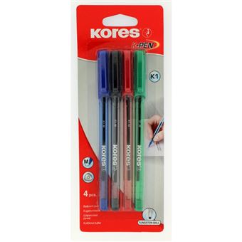  Set Blister Stylos à bille 4 couleurs (bleu, vert, noir, rouge)